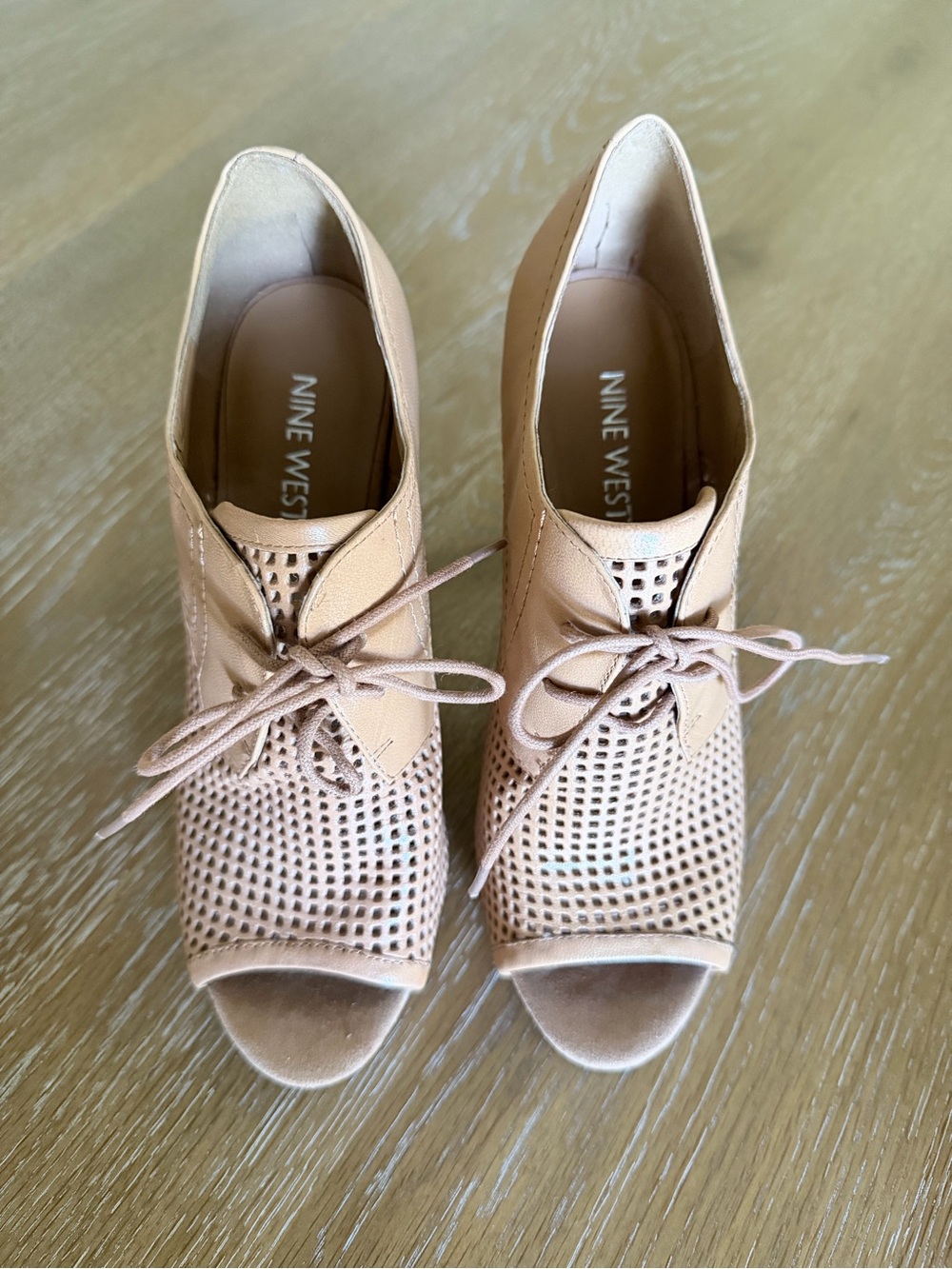 Nine West Nude/Tan Peep-Toe Lace-Up Heeled Booties